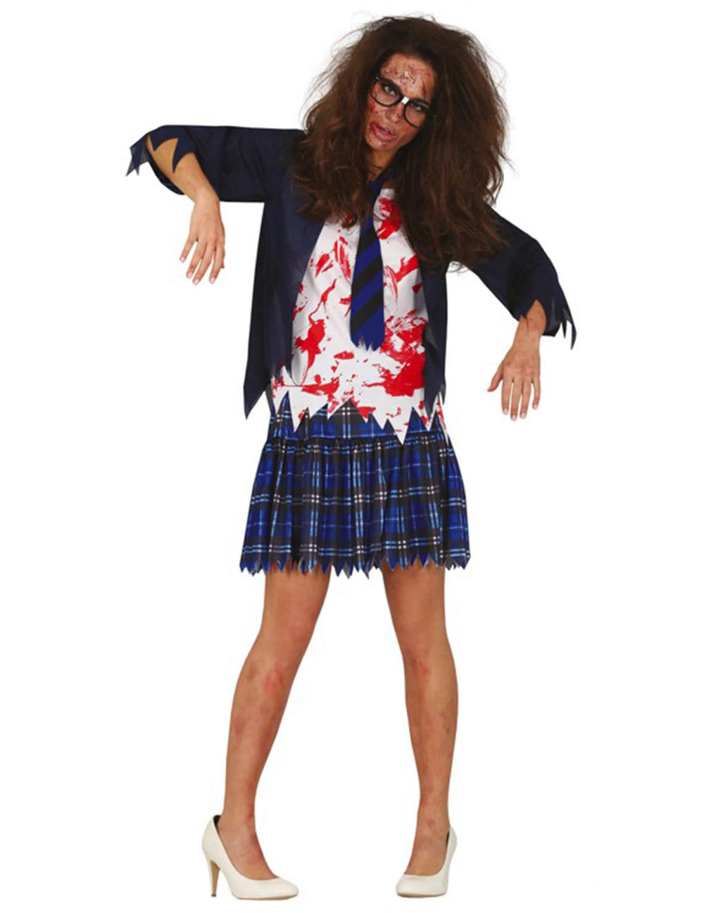 Fato de zombie de colegial para mulher azul com saia aos quadrados e manchas de sangue