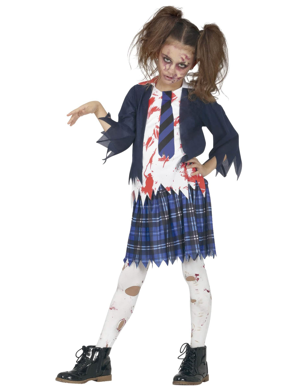 Disfarce de zombie de menina estudante de azul e ensanguentado