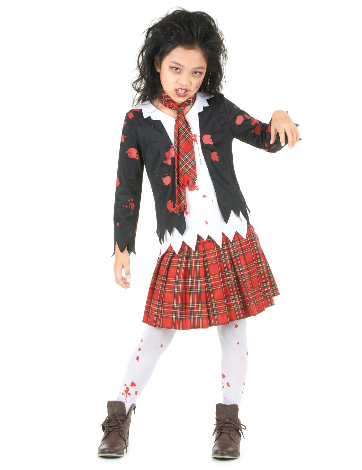 Déguisement écolière zombie pour fille Halloween avec jupe écossaise rouge et taches de sang