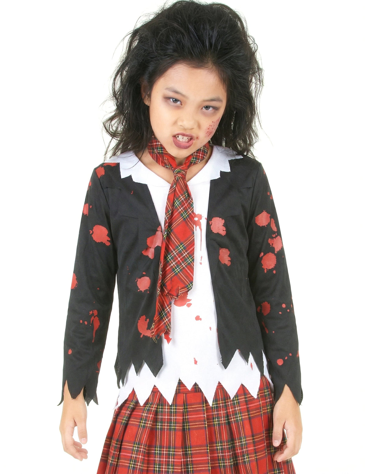 Détail du haut du déguisement écolière zombie pour fille Halloween