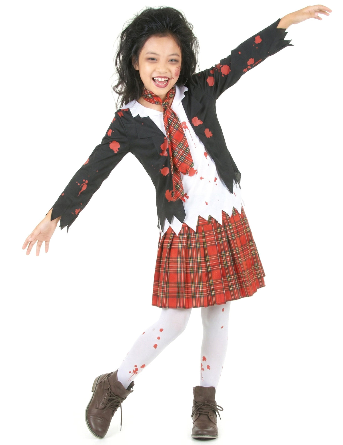 Vue de face les bras écartés du déguisement écolière zombie pour fille Halloween
