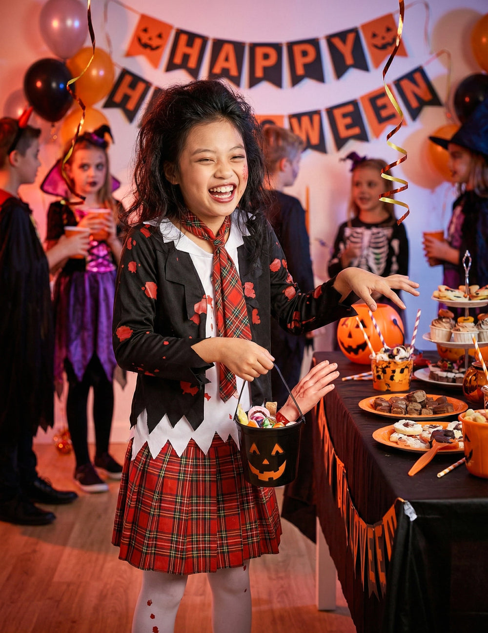 Mise en situation festive du déguisement écolière zombie pour fille Halloween
