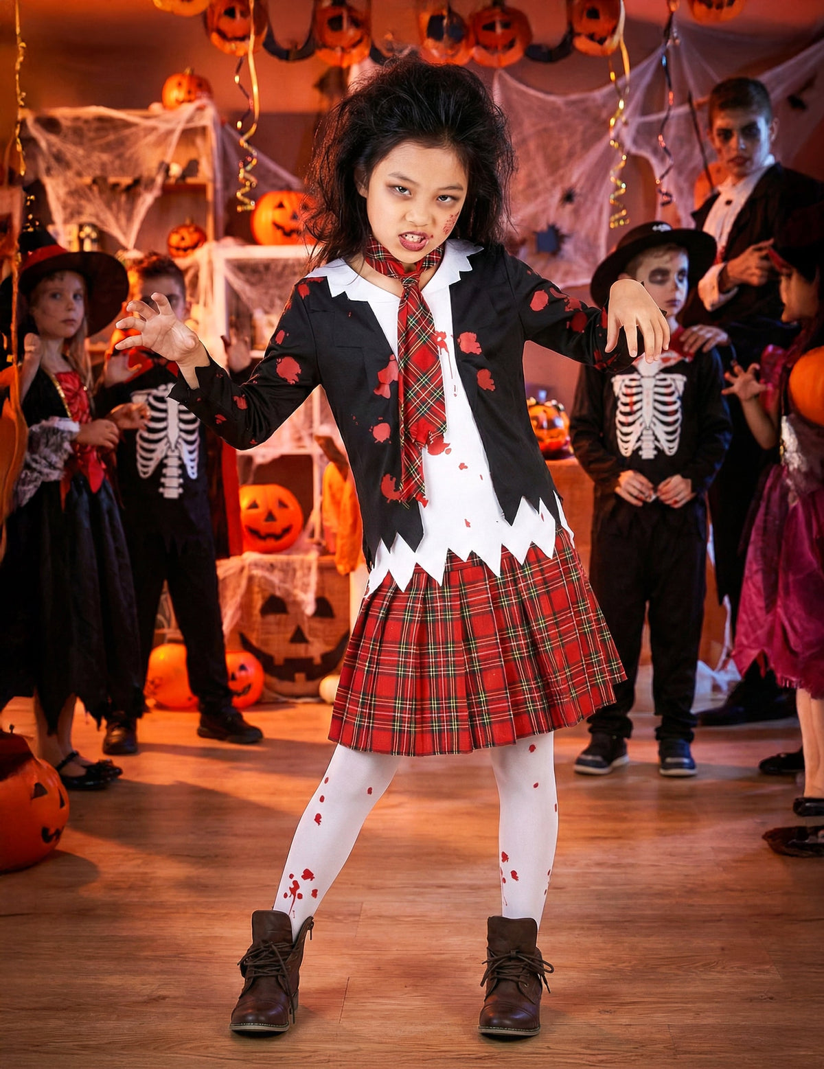 Mise en situation dans un décor d'Halloween du déguisement écolière zombie pour fille Halloween