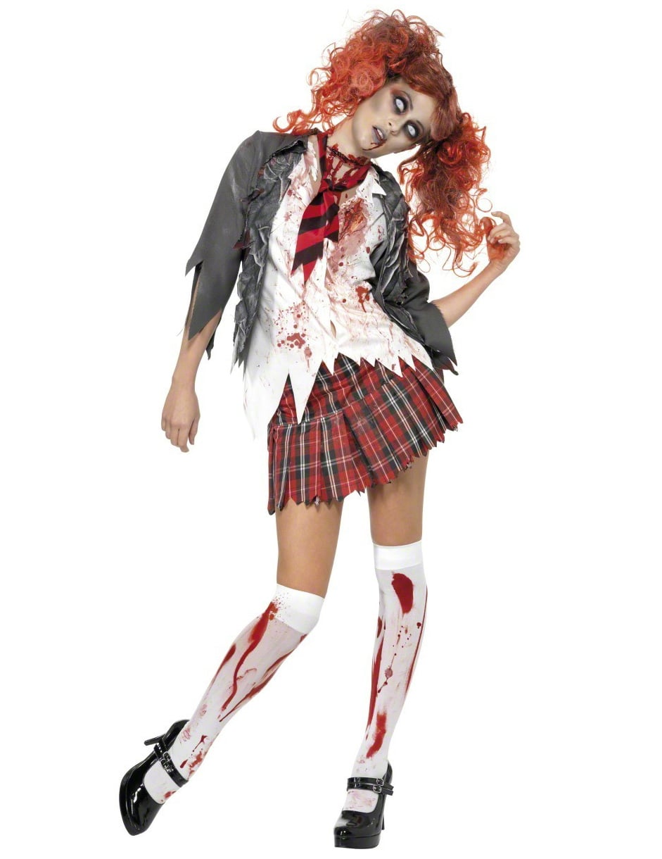 Déguisement écolière zombie Halloween pour femme avec jupe écossaise rouge et taches de sang