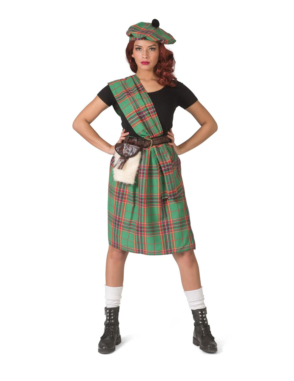 Déguisement d'écossaise pour femme verte avec kilt et béret à carreaux