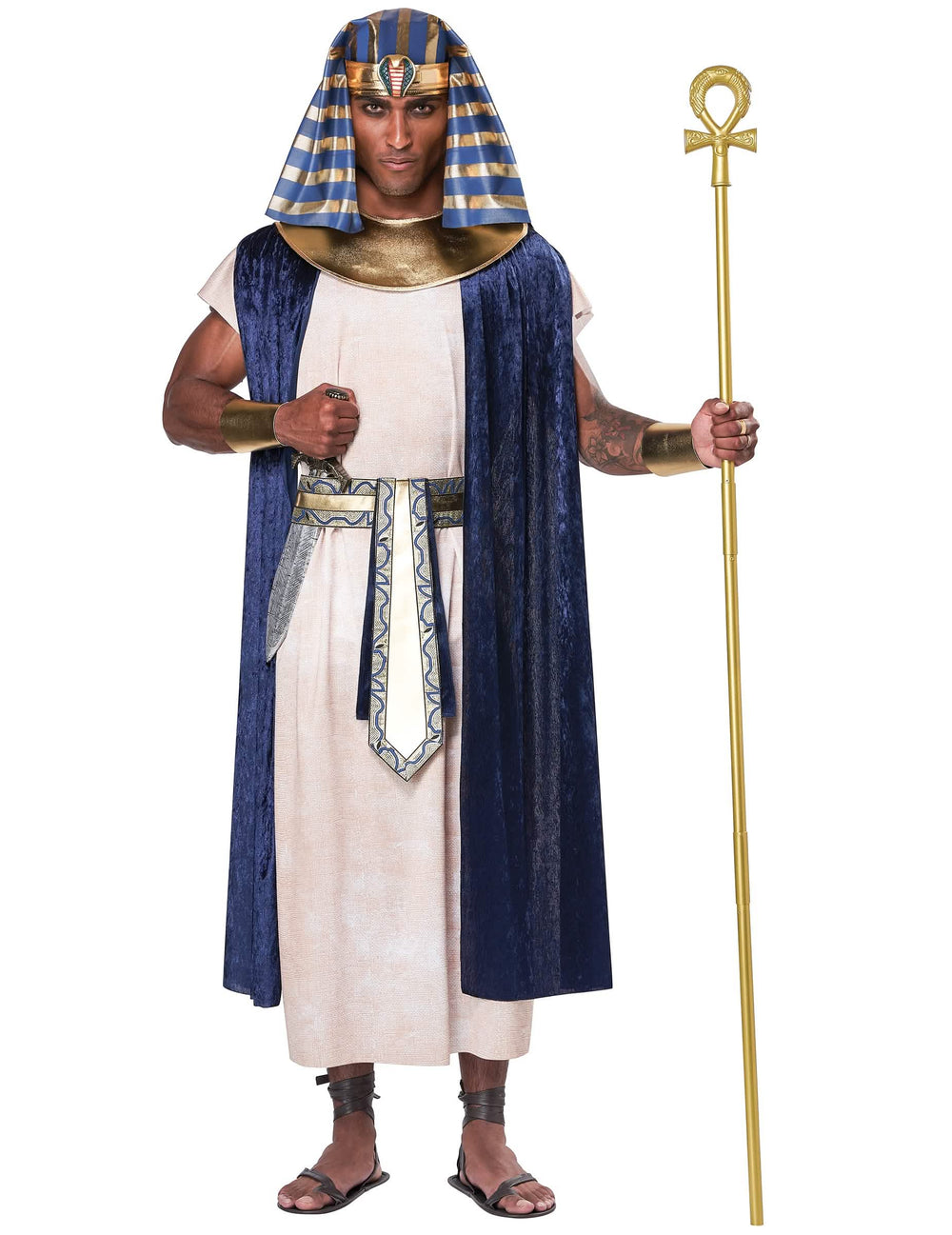 Fato de egípcio antigo de luxo para adulto azul e dourado com coifa e capa