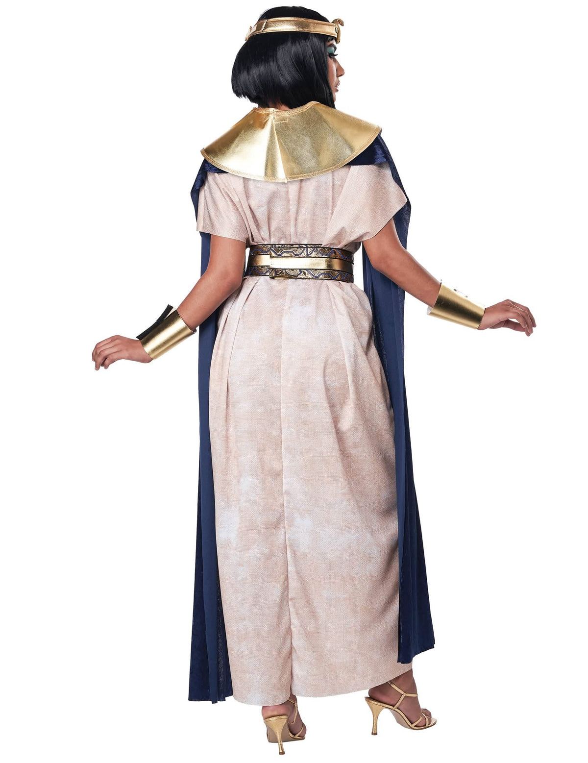 Déguisamento egípcio antigo luxo para adulto bege e dourado com capa azul vista de trás