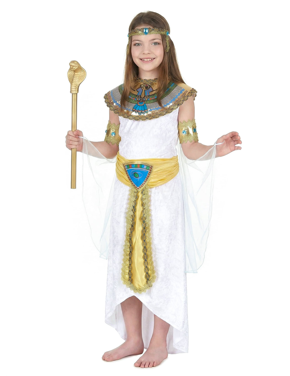Déguisement d'égyptienne pour fille blanc et doré avec sceptre cobra