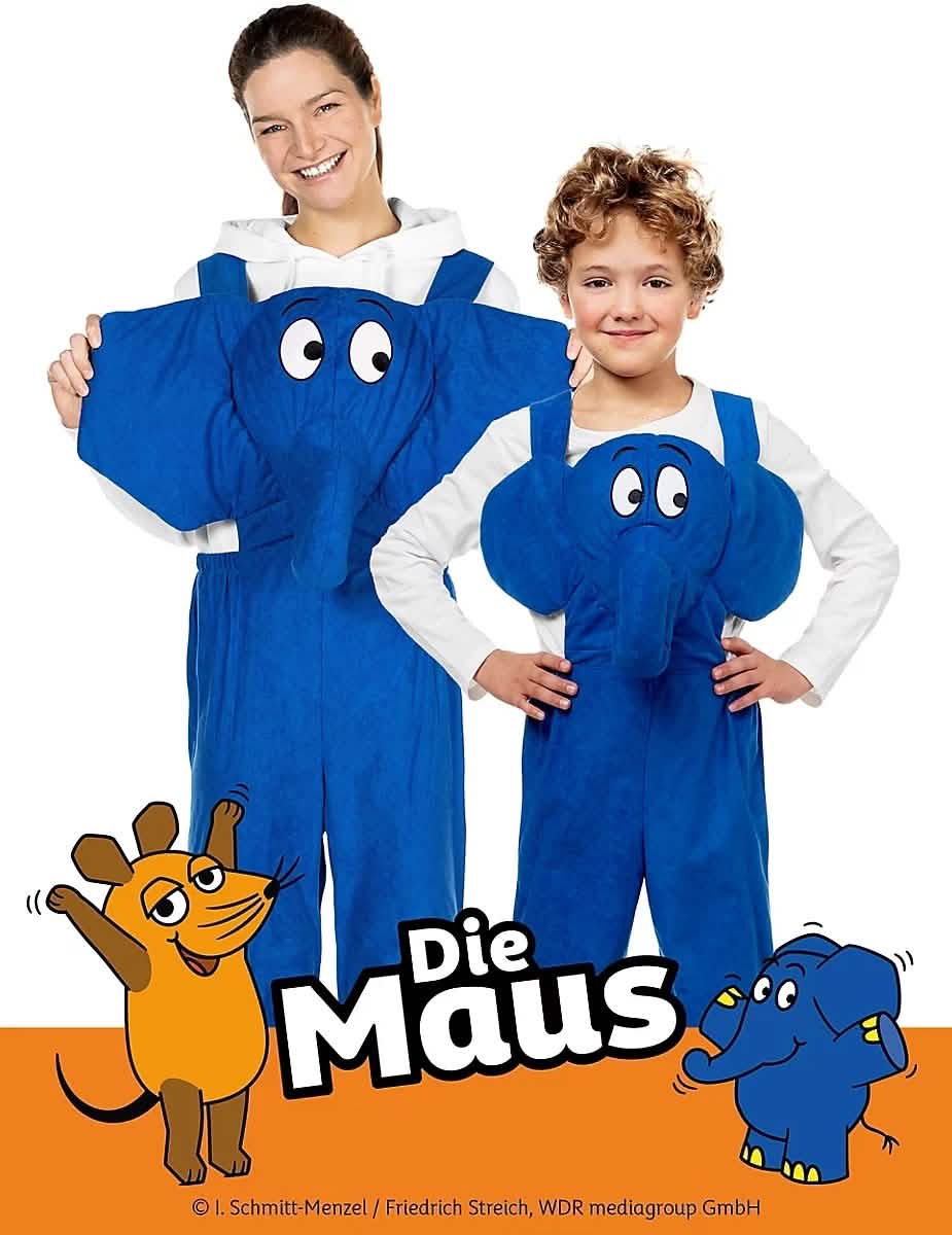Vue d'ensemble adulte et enfant du déguisement éléphant Die Maus