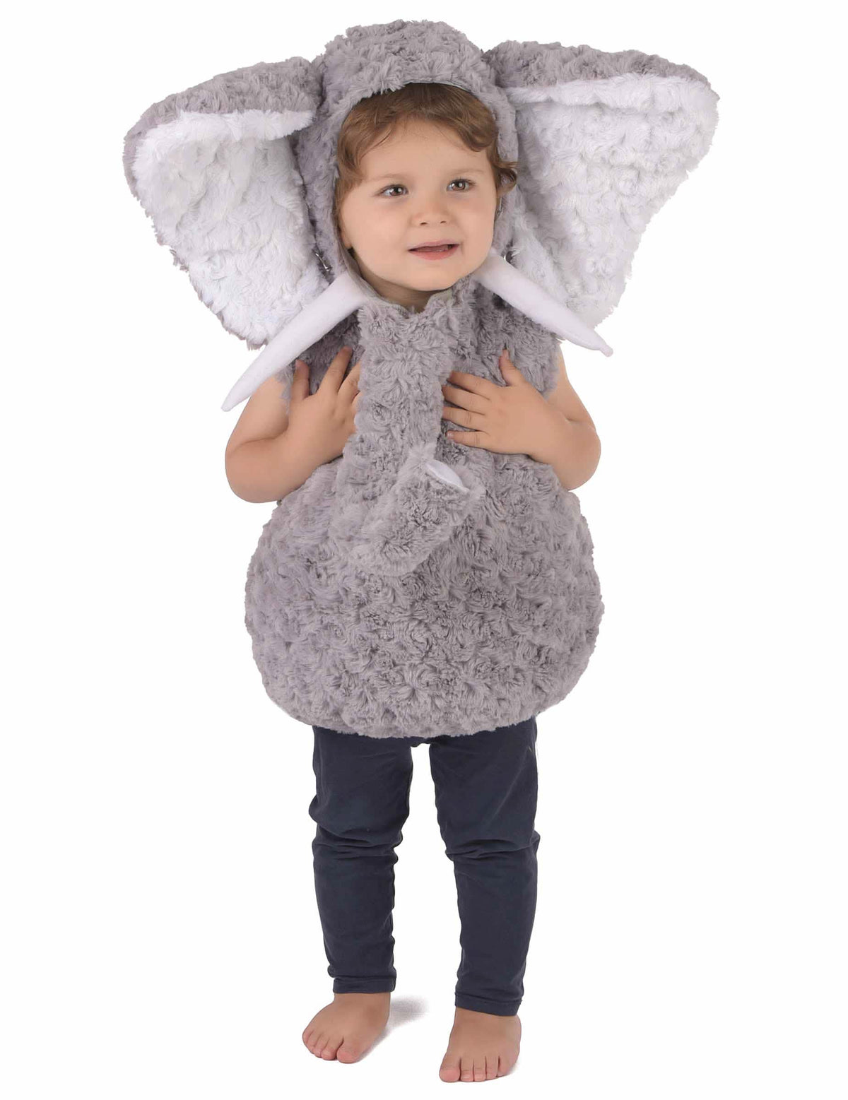 Fato de elefante para criança cinzento em peluche com orelhas grandes e tromba