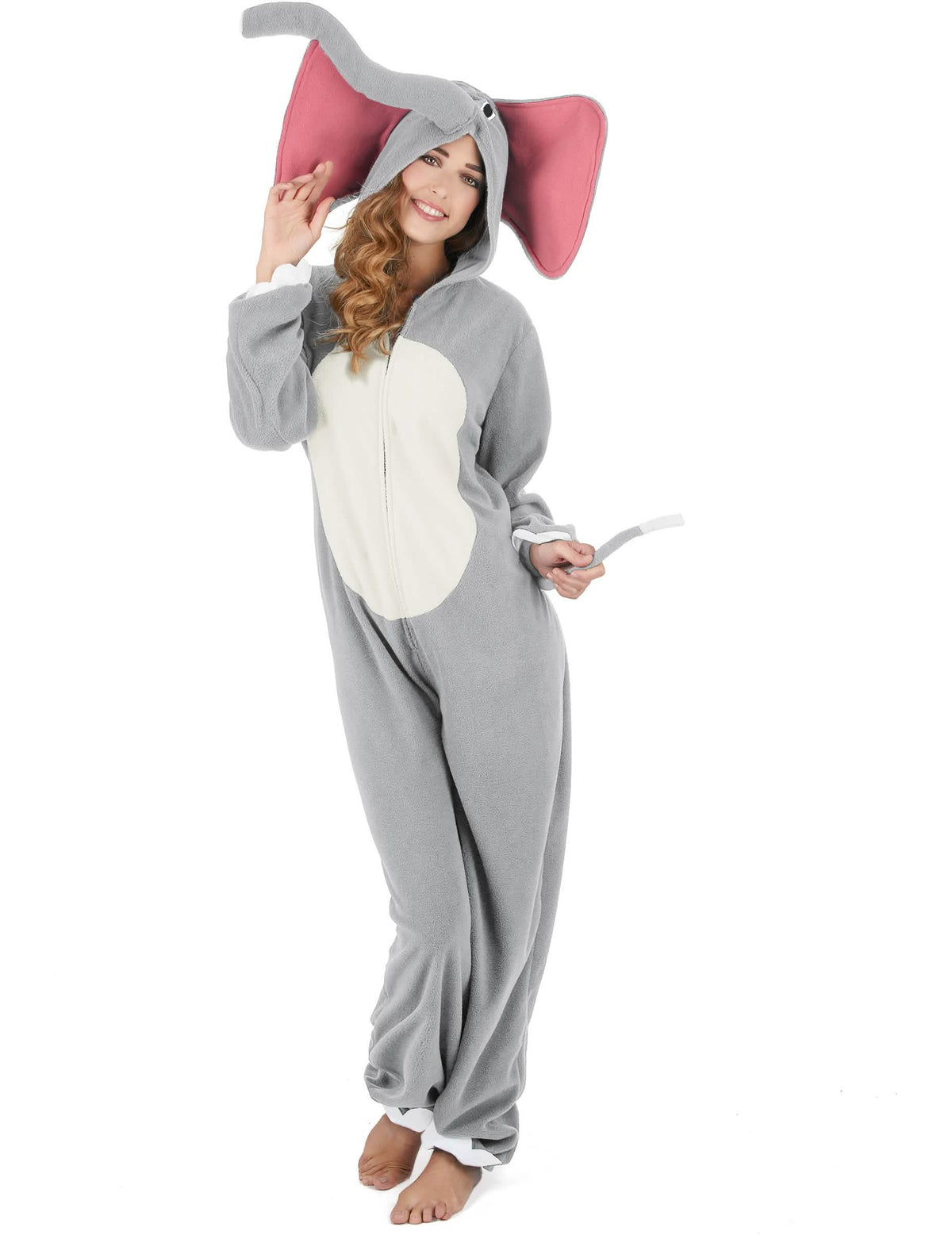 Fato de elefante para mulher cinzento com orelhas grandes cor-de-rosa