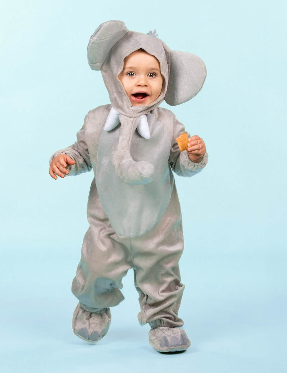 Vista frontal do disfarce de elefante de peluche para bebé cinzento