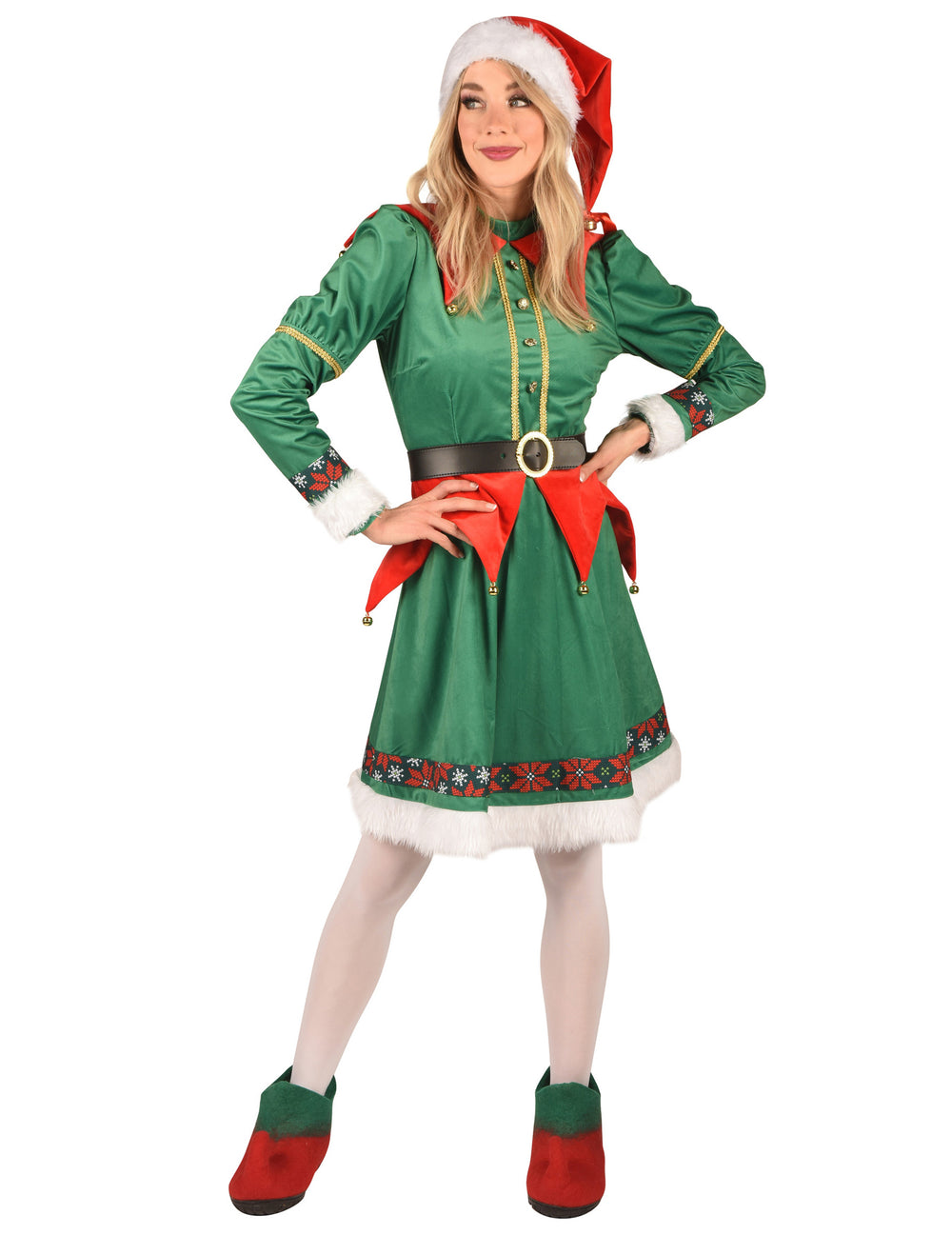 Déguisement elfe de Noël luxe pour femme vert et rouge avec bonnet