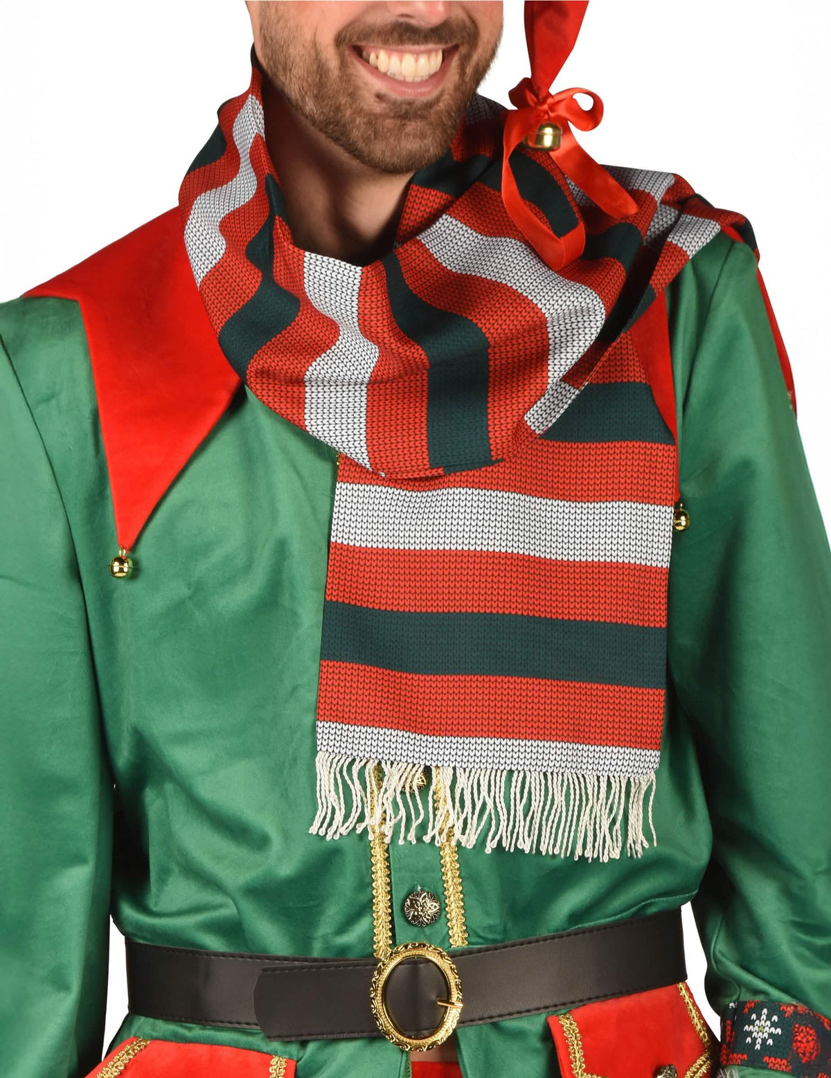 Disfarce de elfo de natal de luxo para homem verde e vermelho com cachecol às riscas e guizos