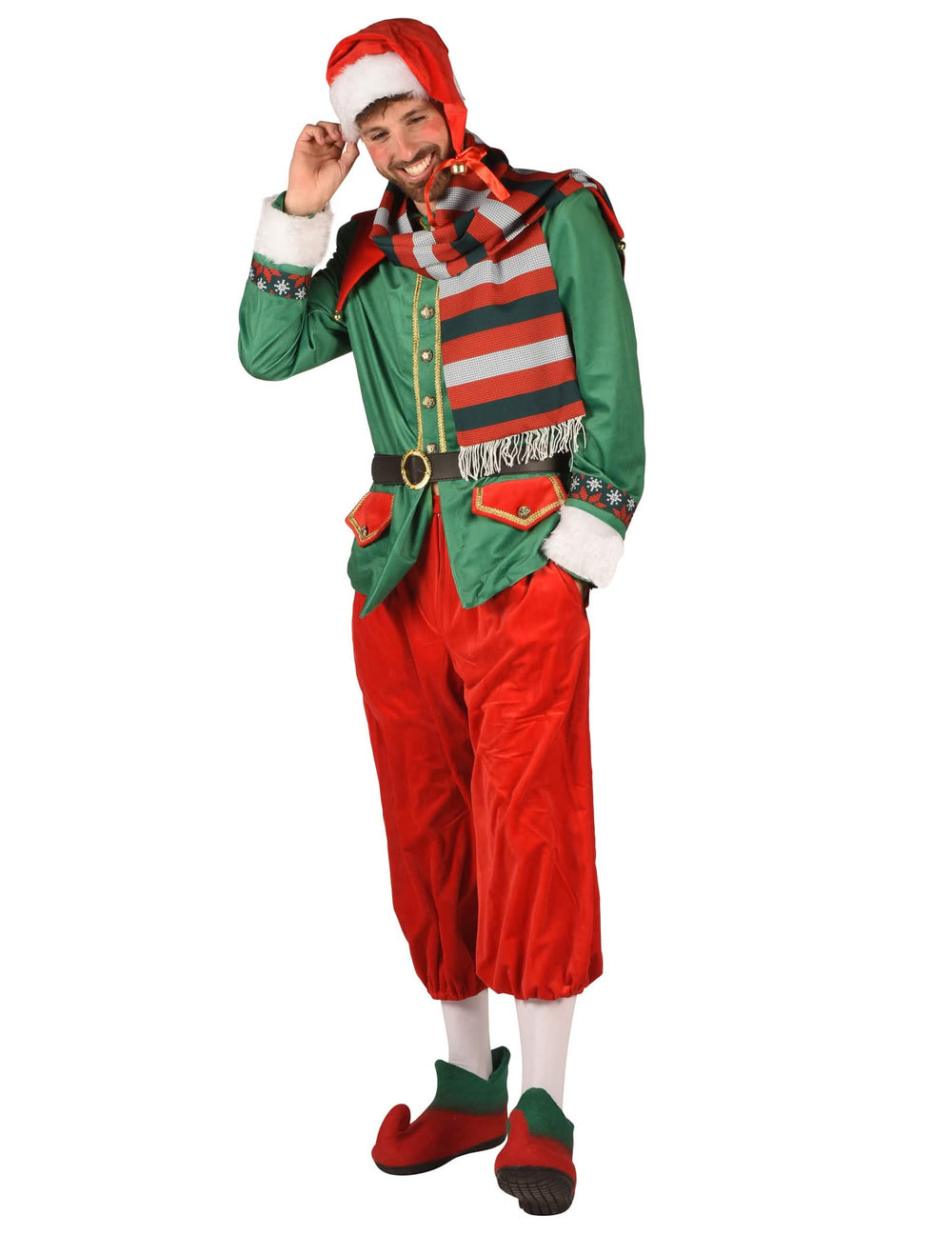 Vista de três quartos do fato de elfo de natal de luxo para homem