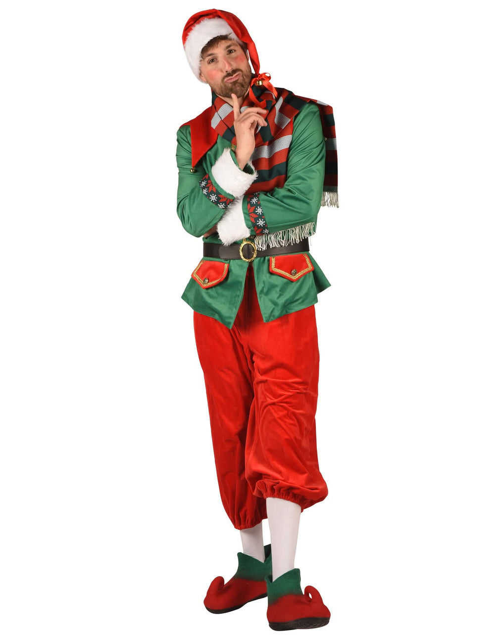 Vista frontal do fato de elfo de natal de luxo para homem