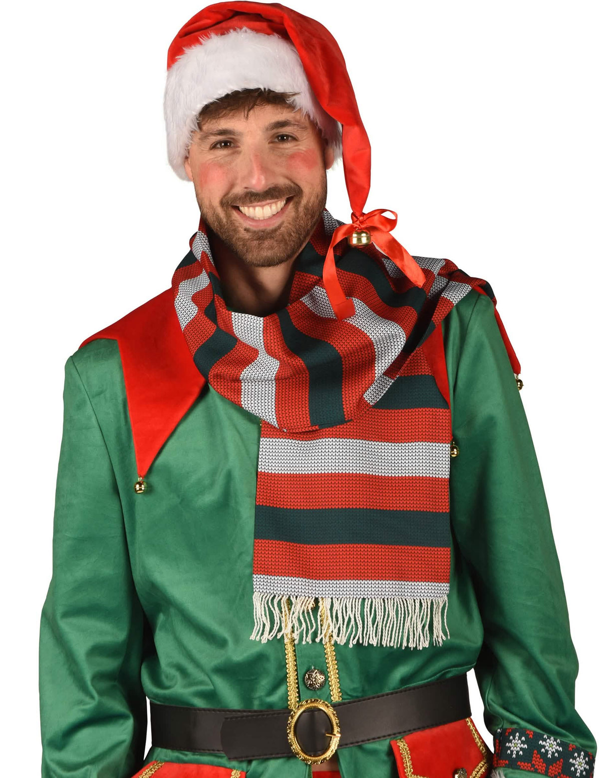Grande plano do gorro e do cachecol do disfarce de elfo de natal luxo para homem