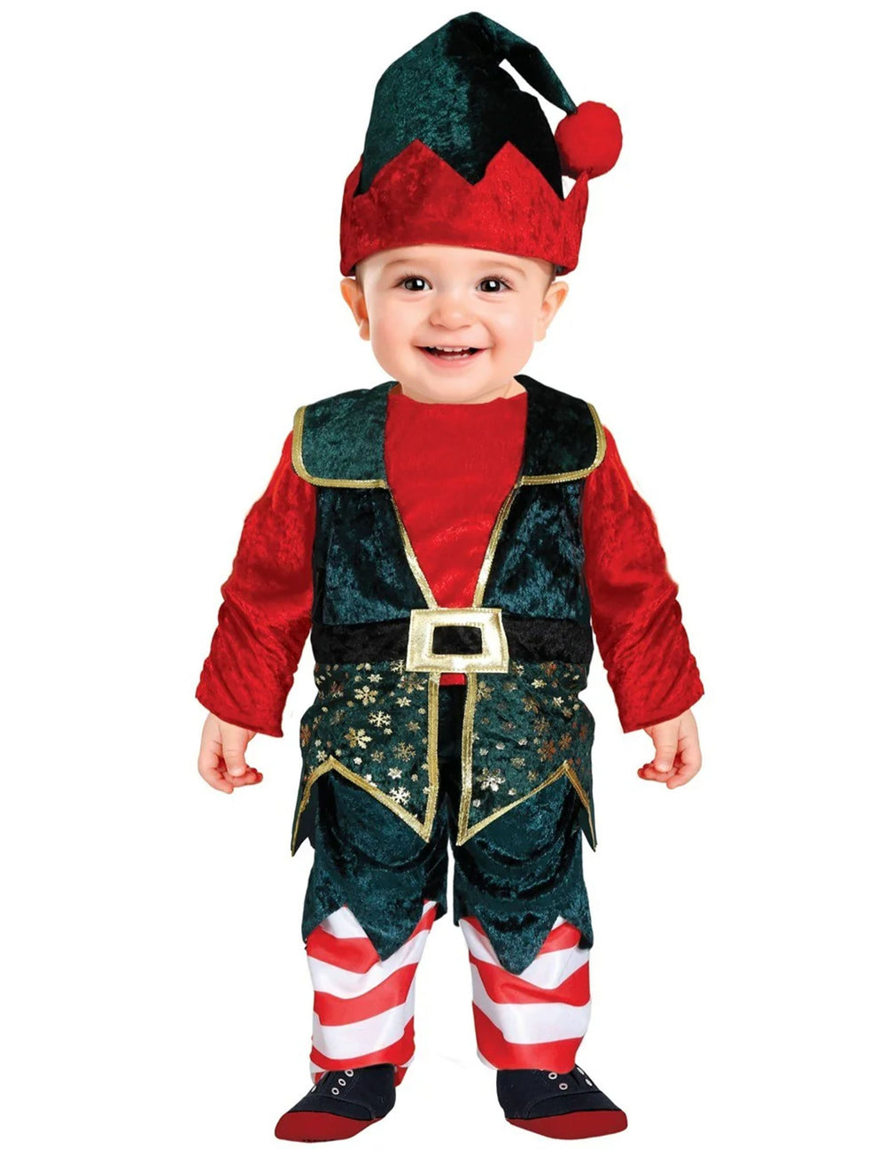 Déguisement elfe de Noël pour bébé en velours vert et rouge avec bonnet