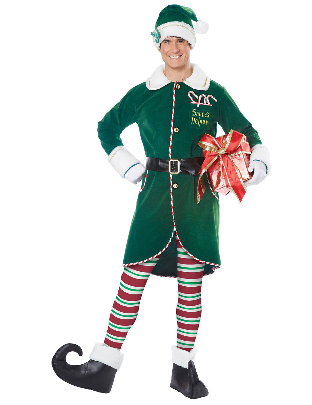 Déguisement elfe du père Noël luxe pour homme vert avec collants rayés et chapeau