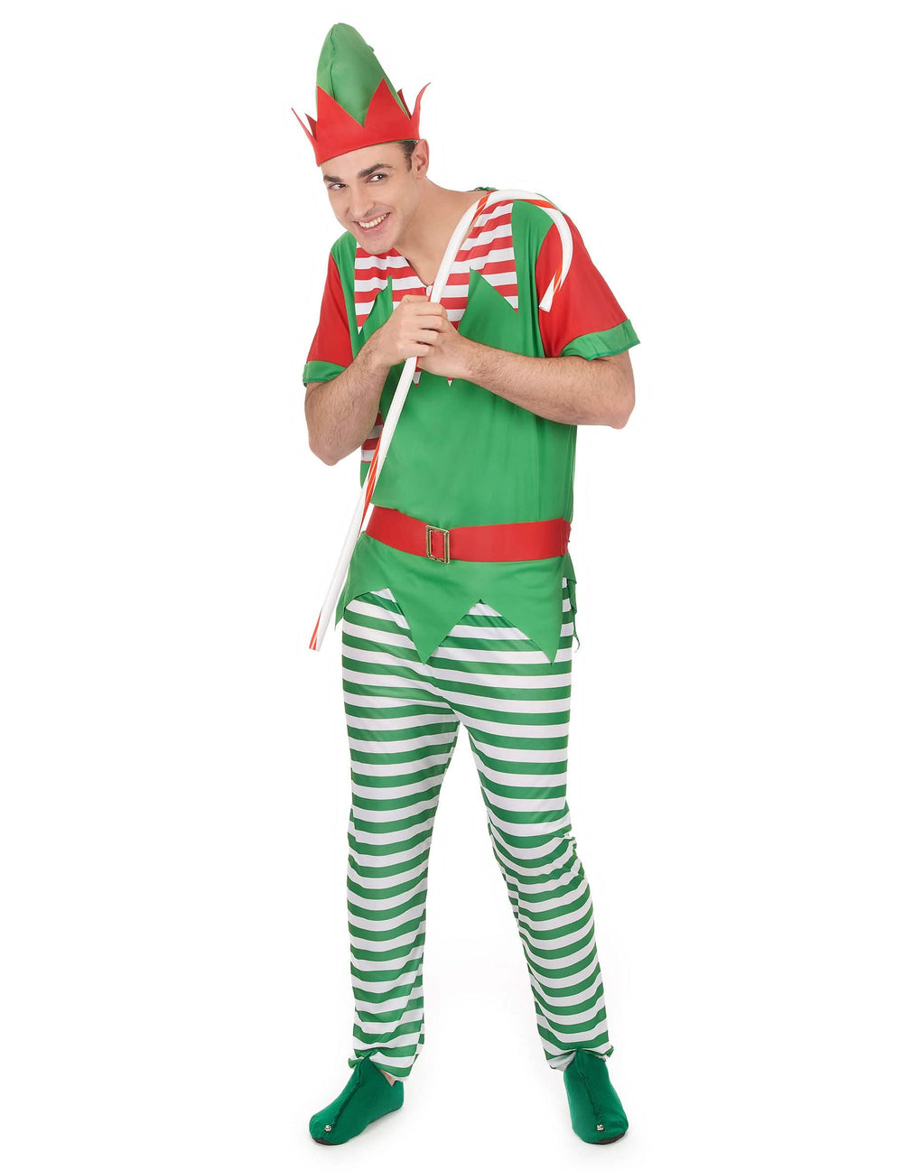 Fato de elfo para homem verde e vermelho com calças às riscas e gorro