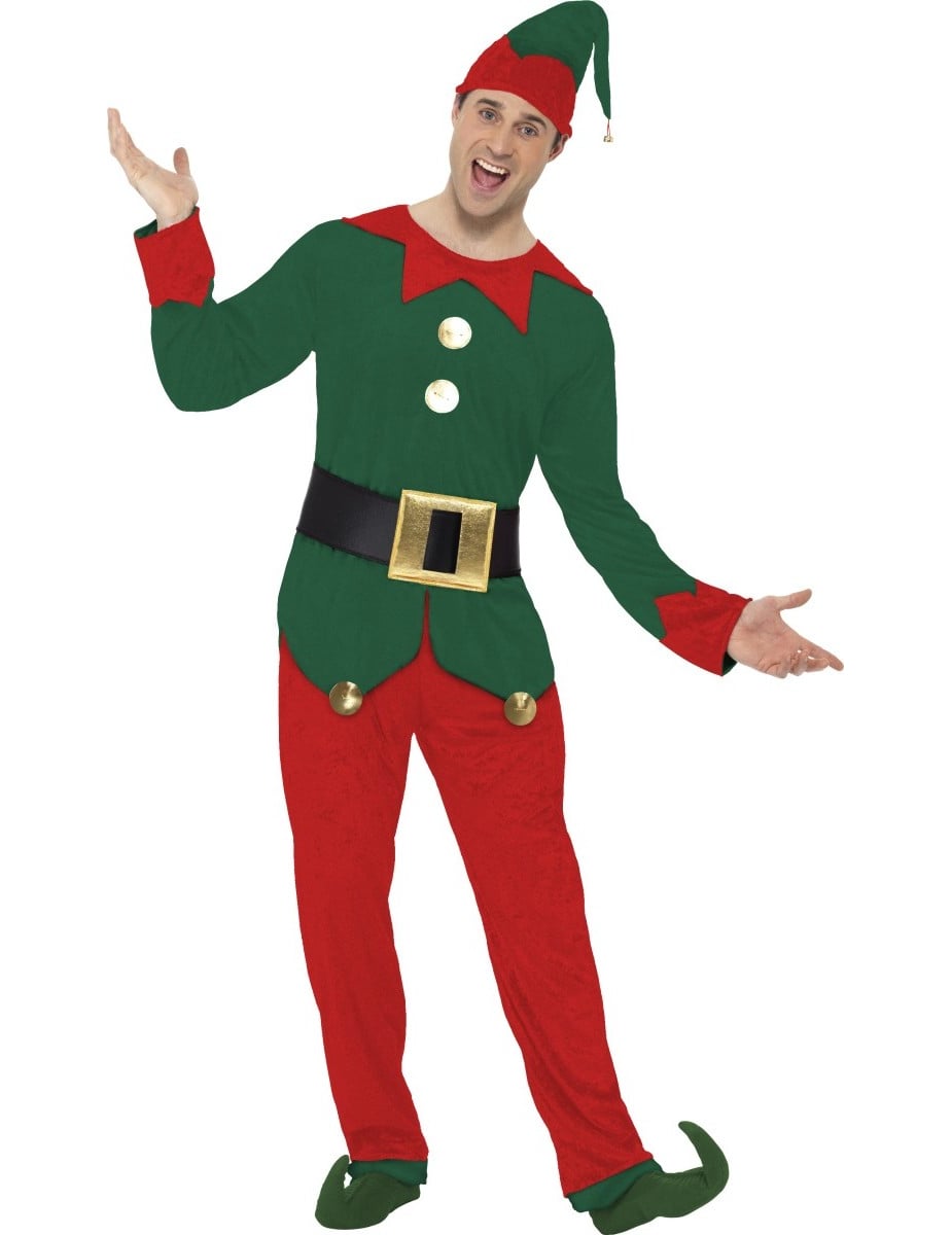 Déguisement d'elfe bicolore pour homme vert et rouge de Noël avec bonnet
