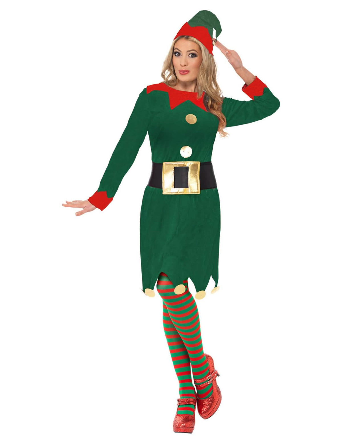 Disfarce de elfa para mulher verde e vermelho com gorro e collants às riscas