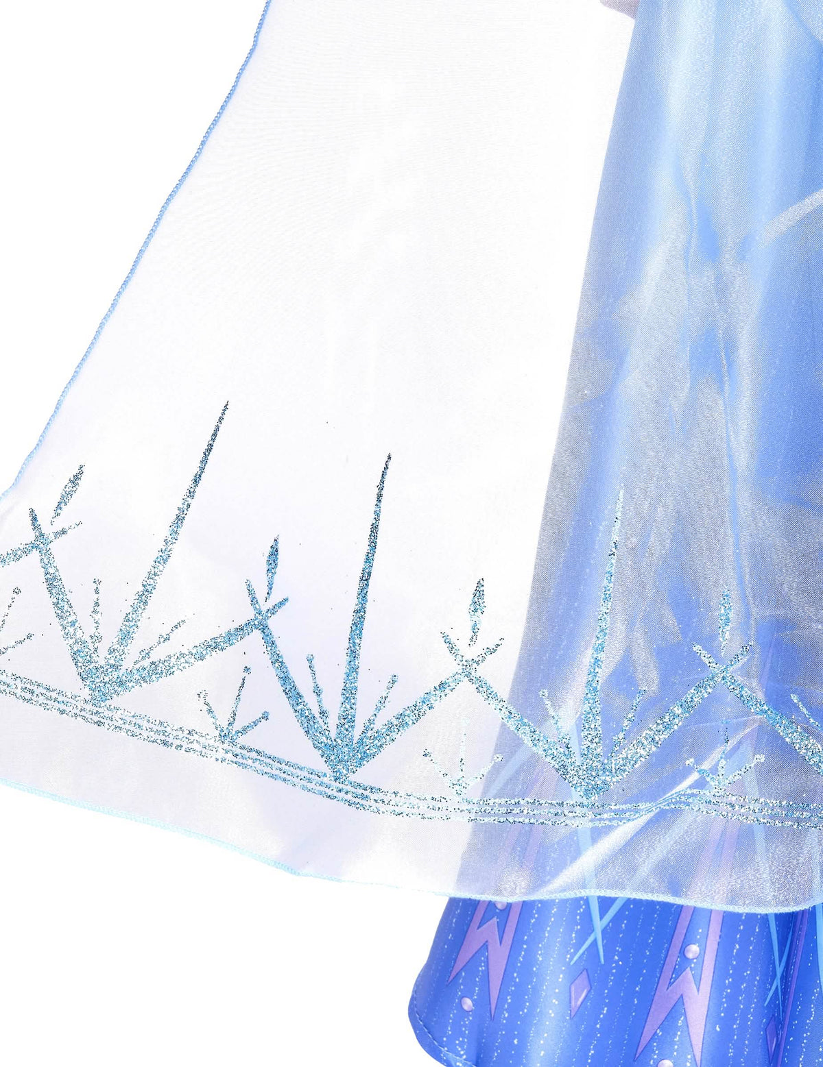 Détail du bas du voile avec motifs pailletés du déguisement Elsa Reine des Neiges 2 deluxe