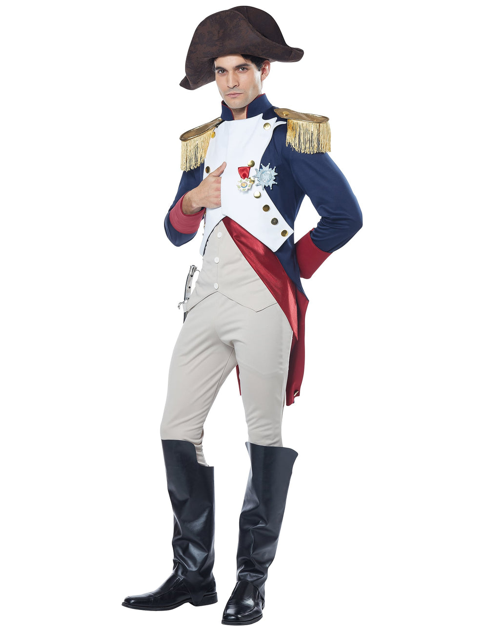 Déguisement empereur Français Napoléon luxe pour homme bleu blanc et rouge avec bicorne et épaulettes dorées