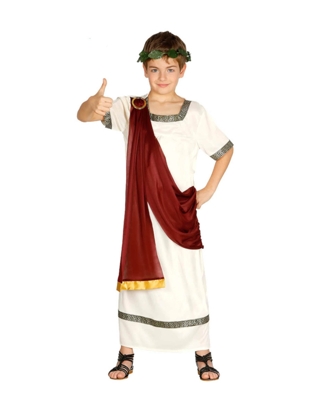 Fato de imperador romano para menino branco e bordeaux com coroa de louros