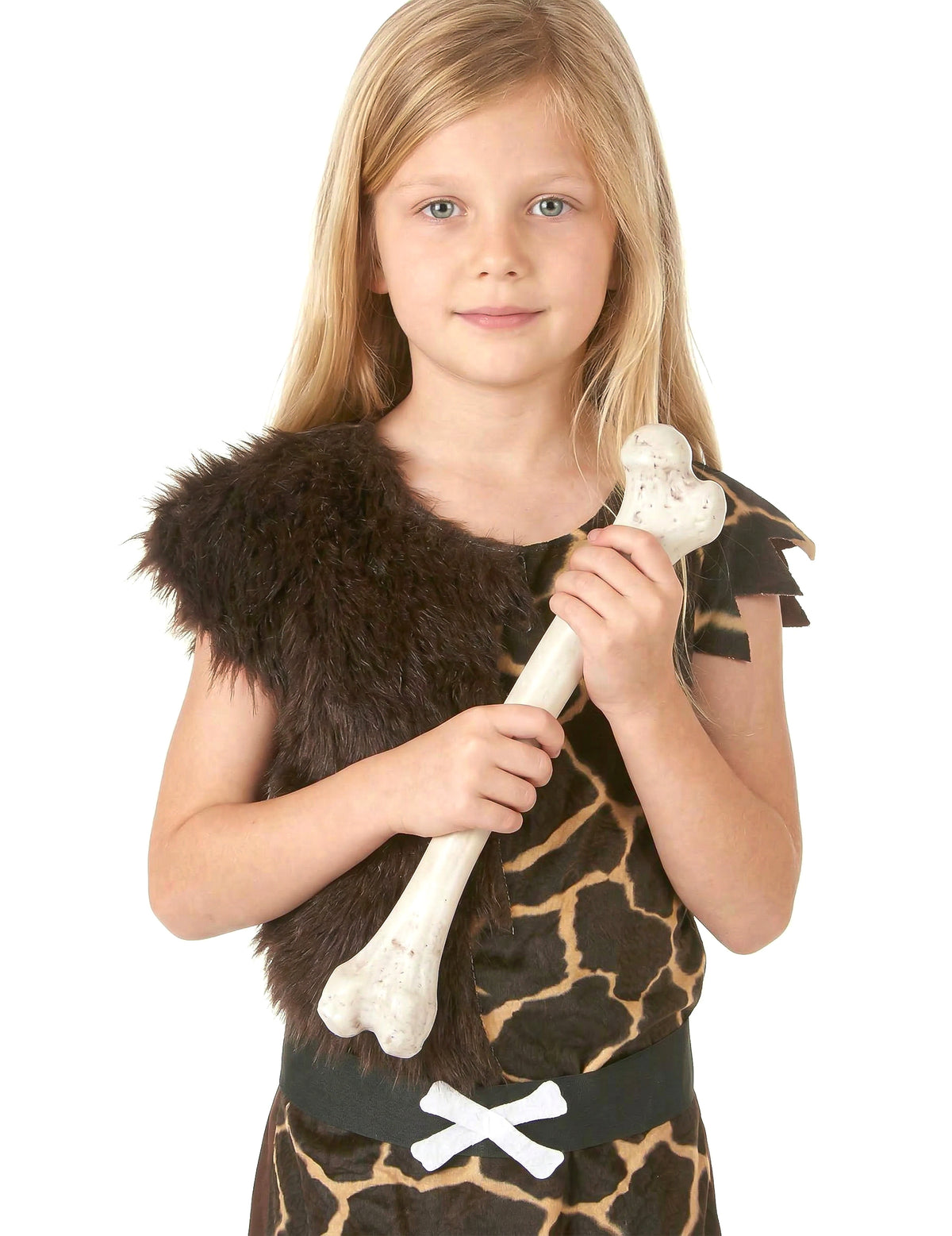 Gros plan sur la fausse fourrure et l'accessoire os du déguisement d'enfant des cavernes