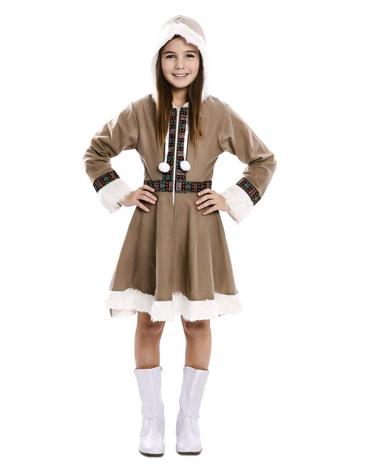 Fato de menina inuíte castanho e branco com capuz de pelo