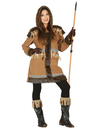 Déguisement inuite pour femme marron avec fourrure et franges