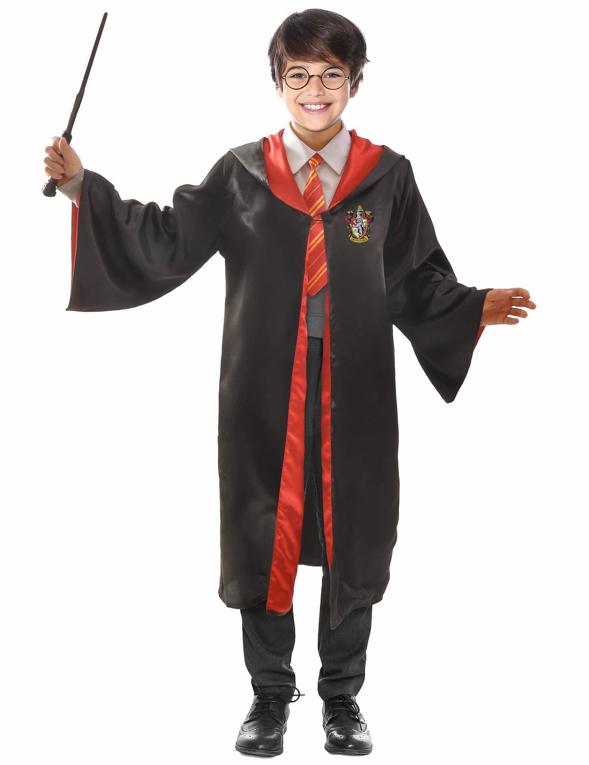 Fato e acessório Harry Potter para criança preto e vermelho com varinha e óculos