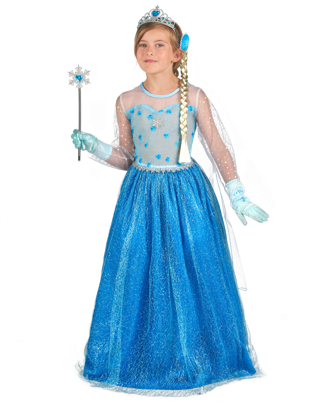 Vue de face du déguisement et accessoires de princesse des glaces