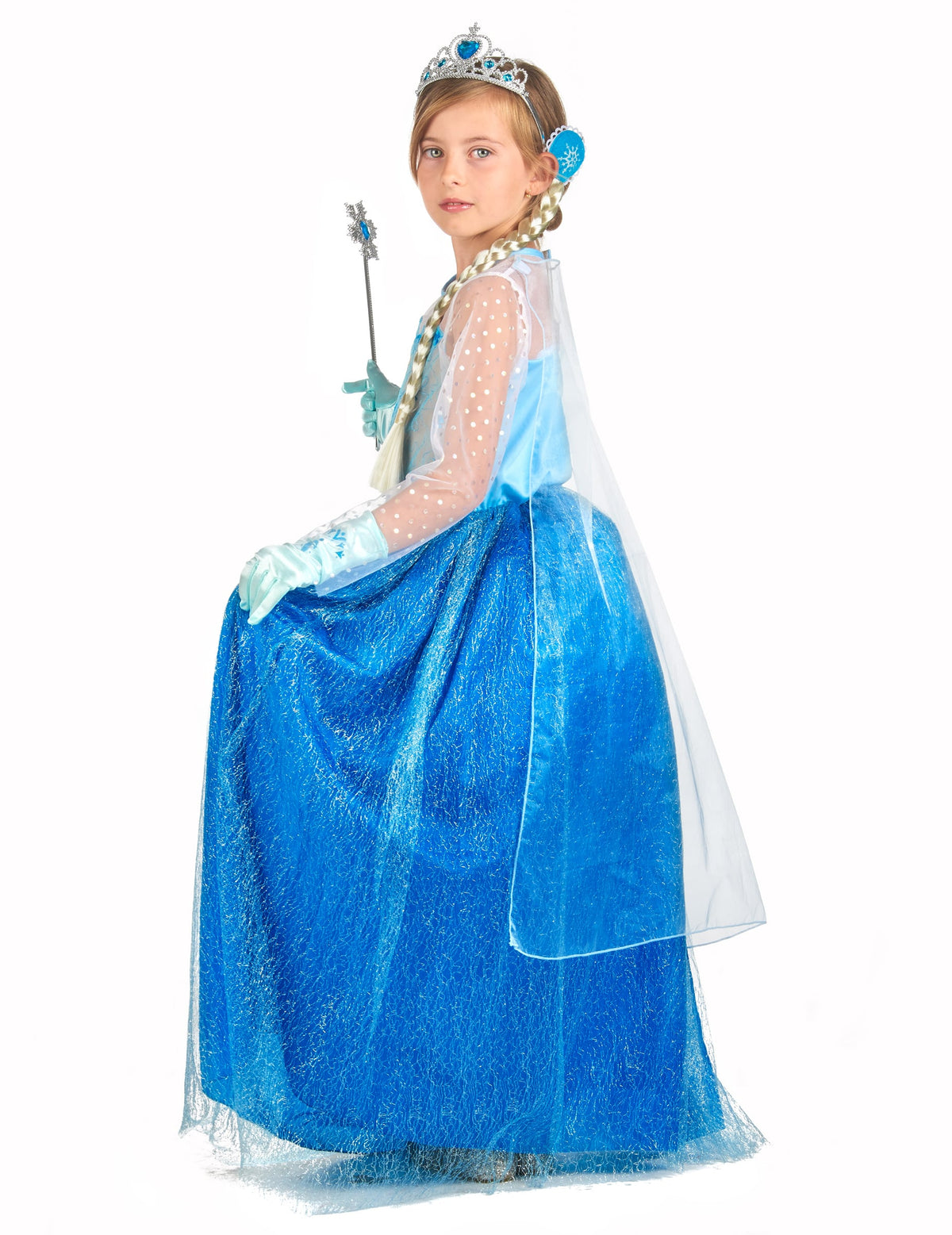 Vue de profil du déguisement et accessoires de princesse des glaces