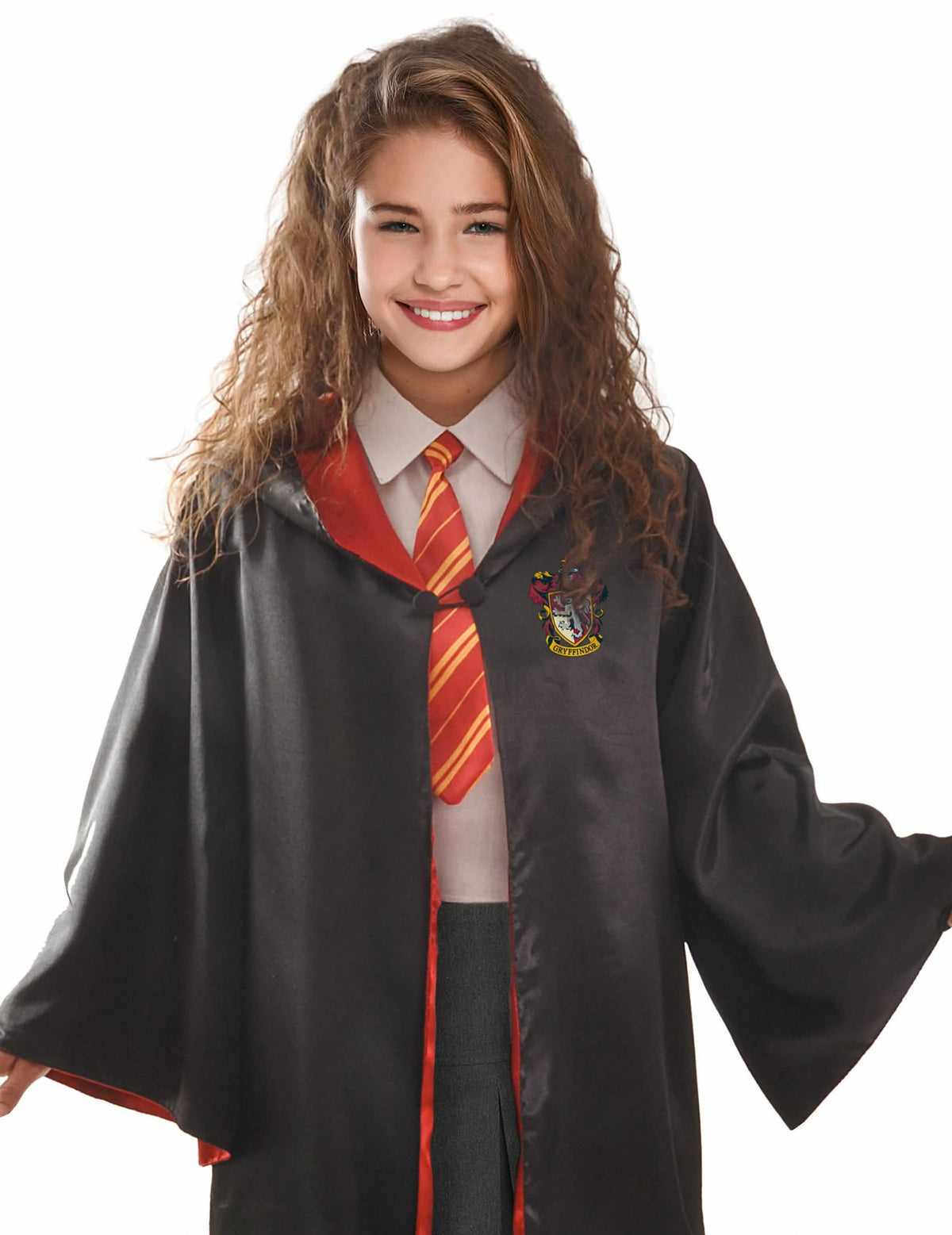Vista frontal do disfarce e acessórios Hermione