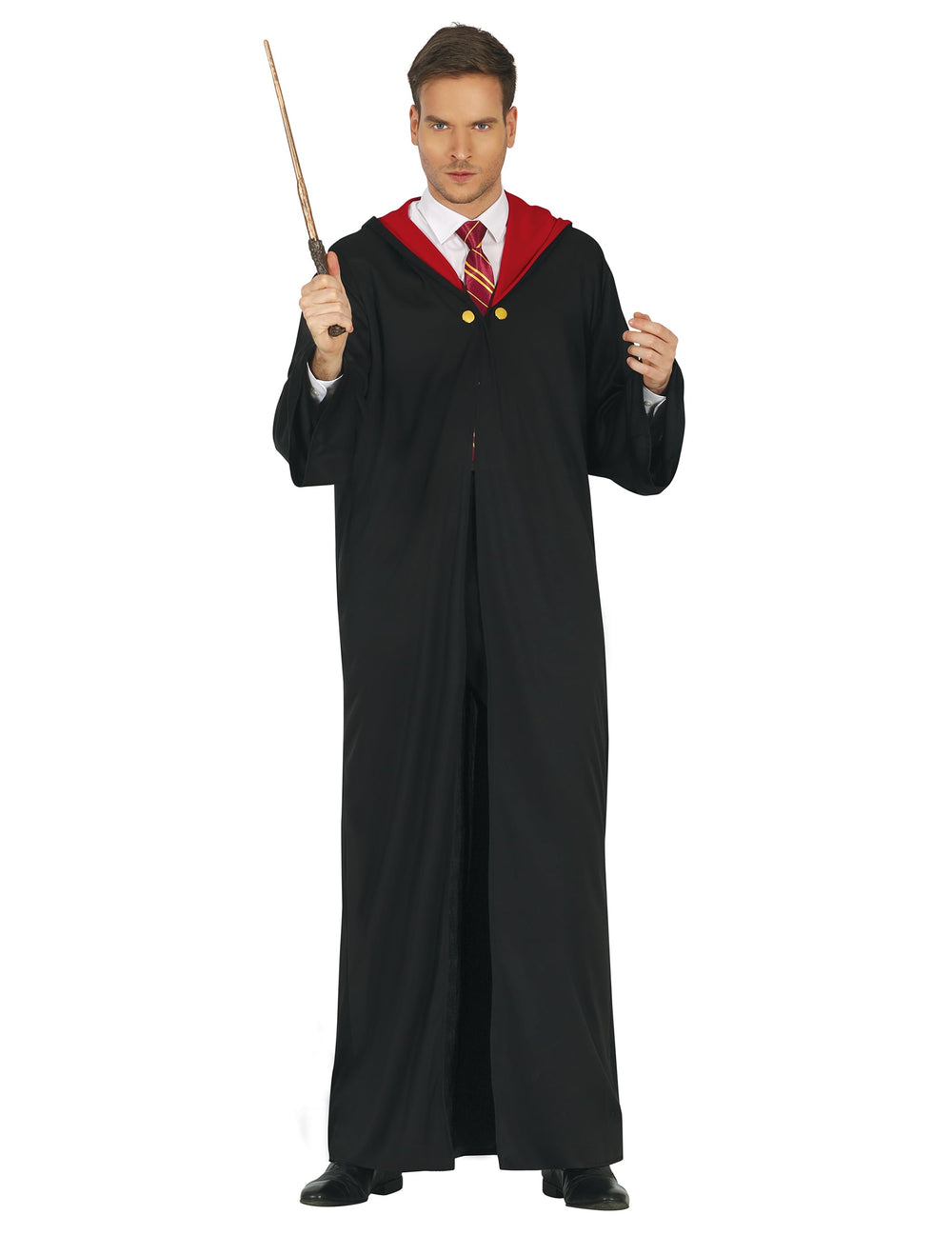Déguisement d'étudiant sorcier pour homme noir et rouge avec baguette magique