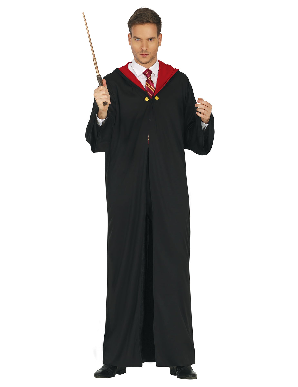 Déguisement d'étudiant sorcier pour homme noir et rouge avec baguette magique