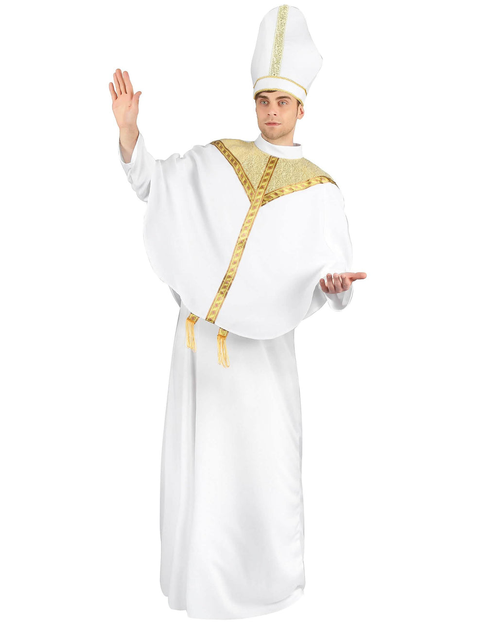 Fato de bispo para homem branco e dourado com mitra