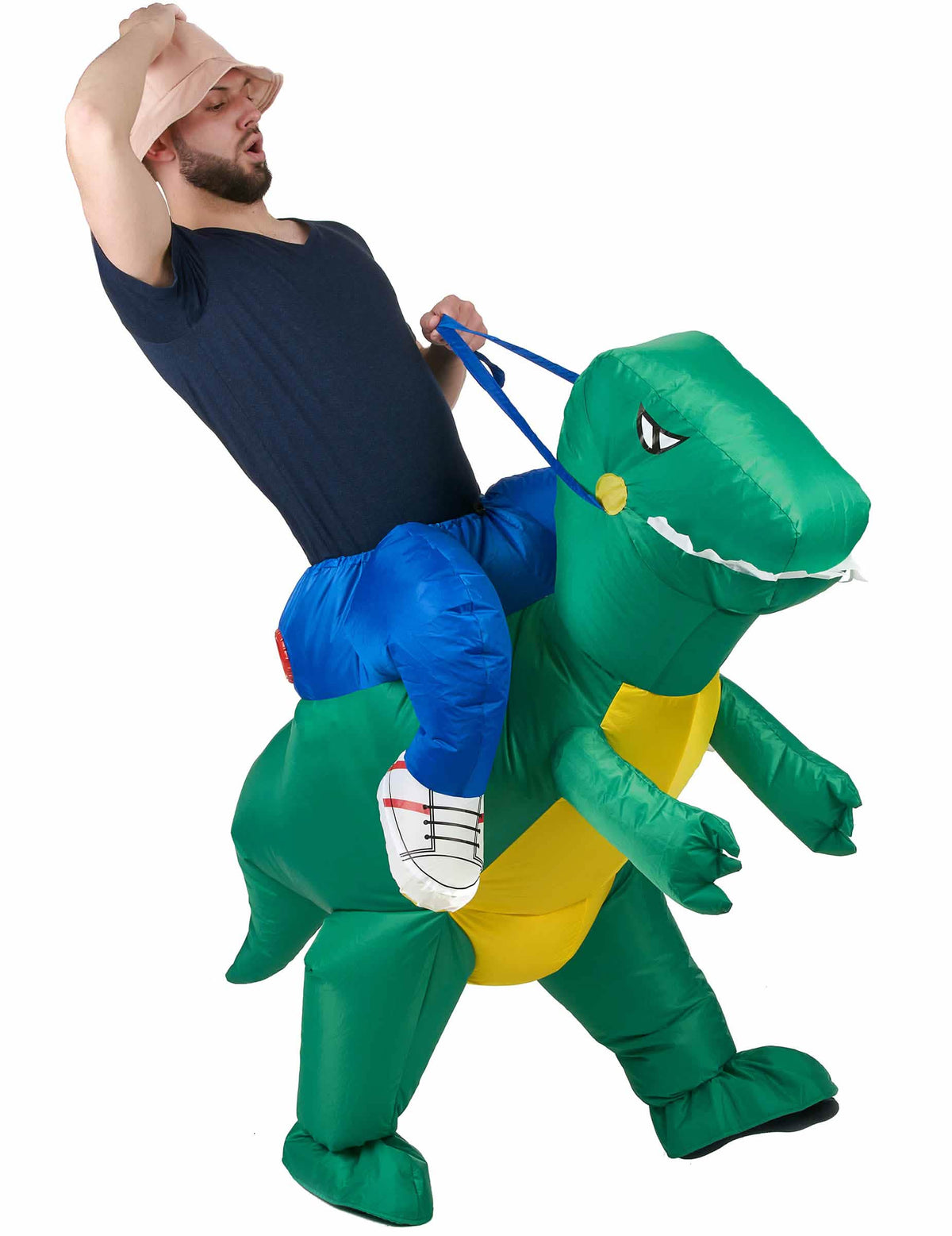 Déguisamento explorador às costas de dinossauro carry me para adulto verde e amarelo
