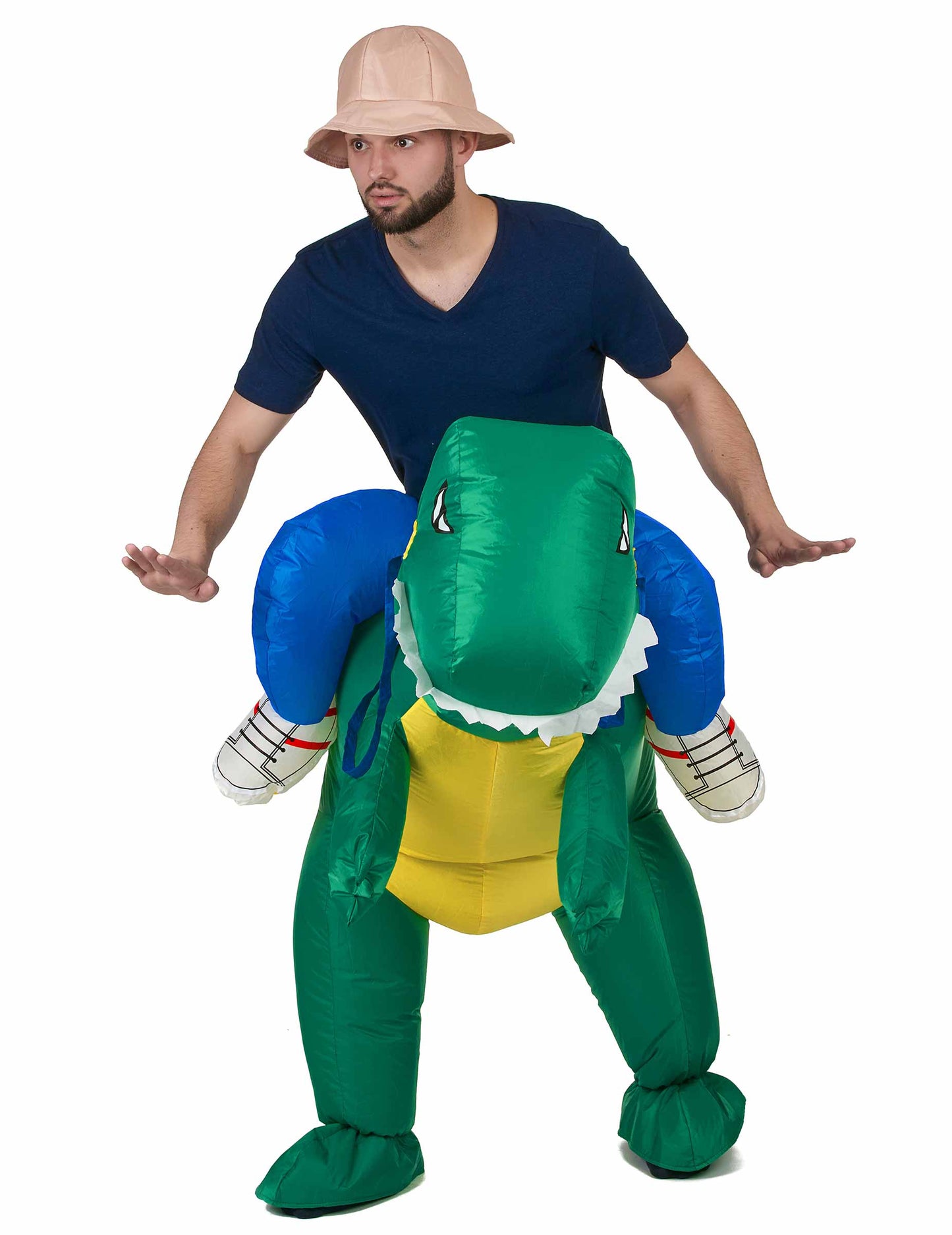 Vue de face du déguisement explorateur à dos de dinosaure