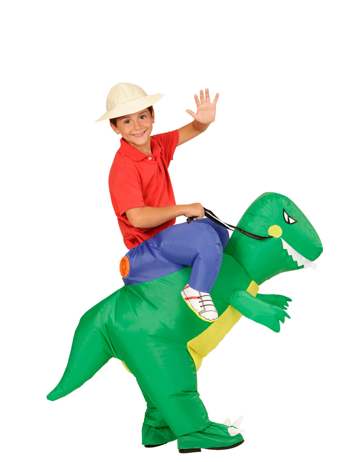 Vue de profil du déguisement explorateur à dos de dinosaure pour enfant