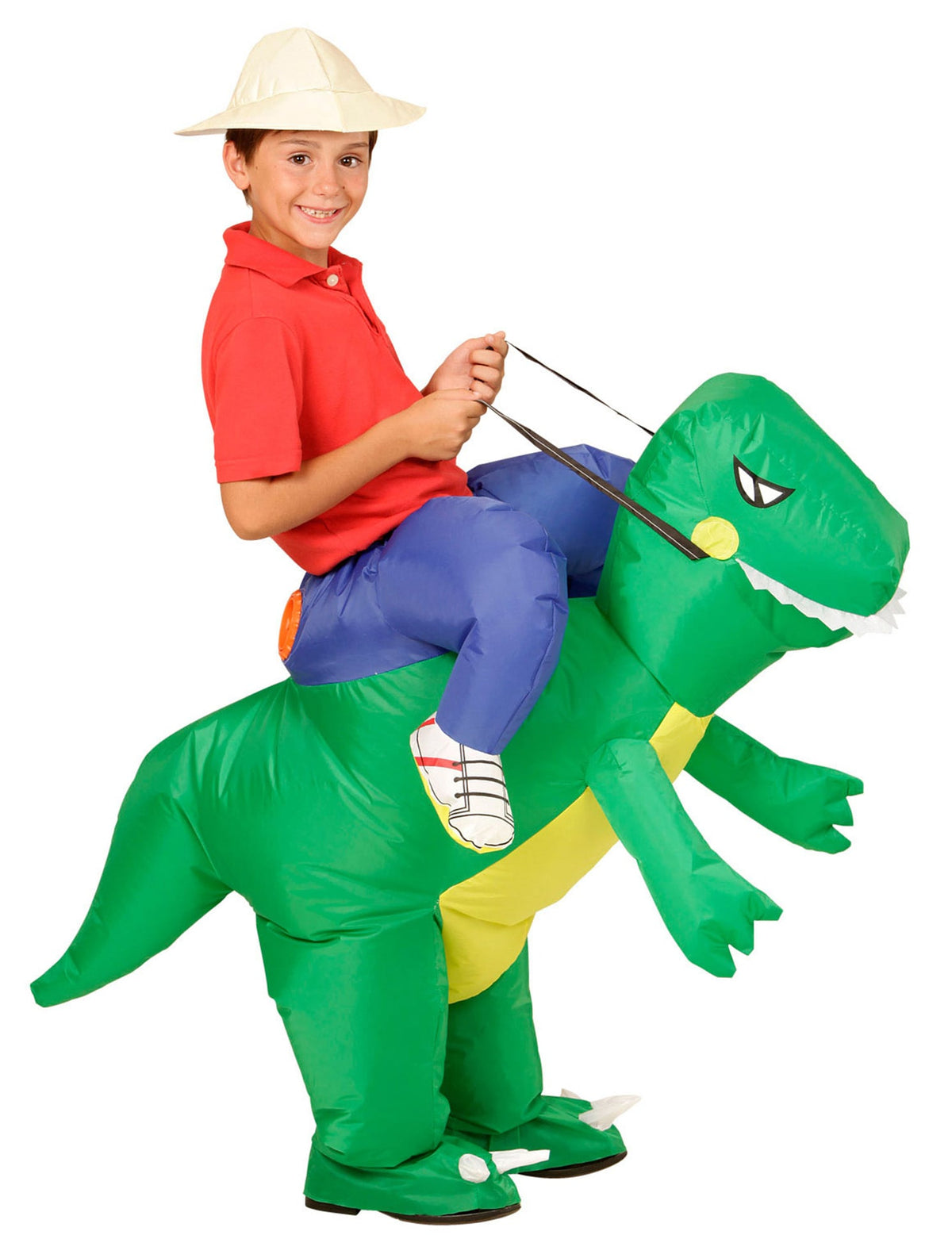 Déguisement explorateur à dos de dinosaure pour enfant vert et jaune gonflable avec chapeau