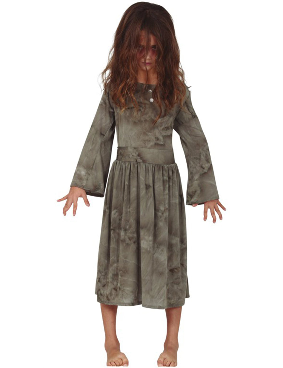 Déguisement fantôme pour fille gris avec robe longue à effet sale