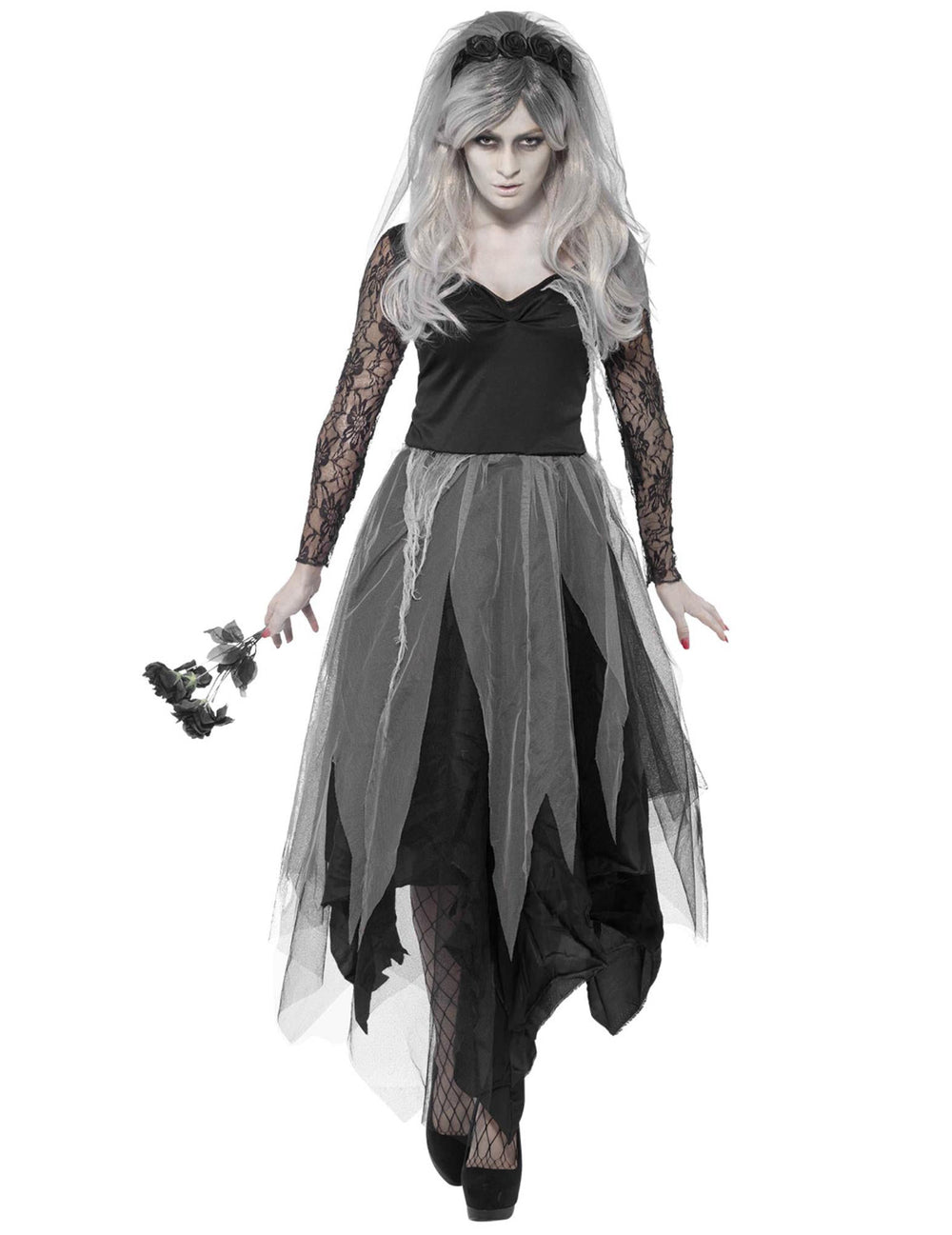 Déguisement de fantôme mariée noire pour femme noir et gris avec voile en dentelle