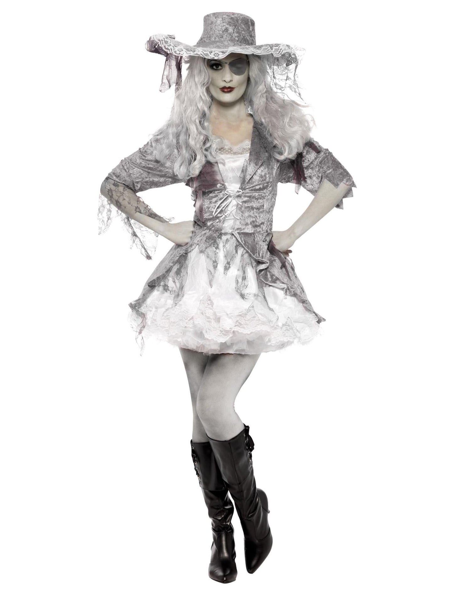 Vue de face du déguisement de pirate fantôme pour femme