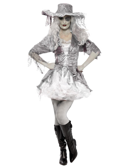 Vue de face du déguisement de pirate fantôme pour femme