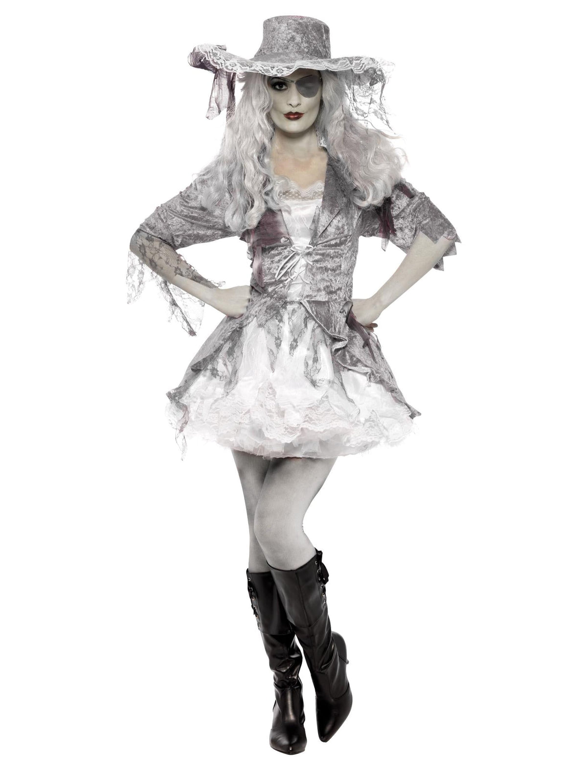 Vue de face du déguisement de pirate fantôme pour femme
