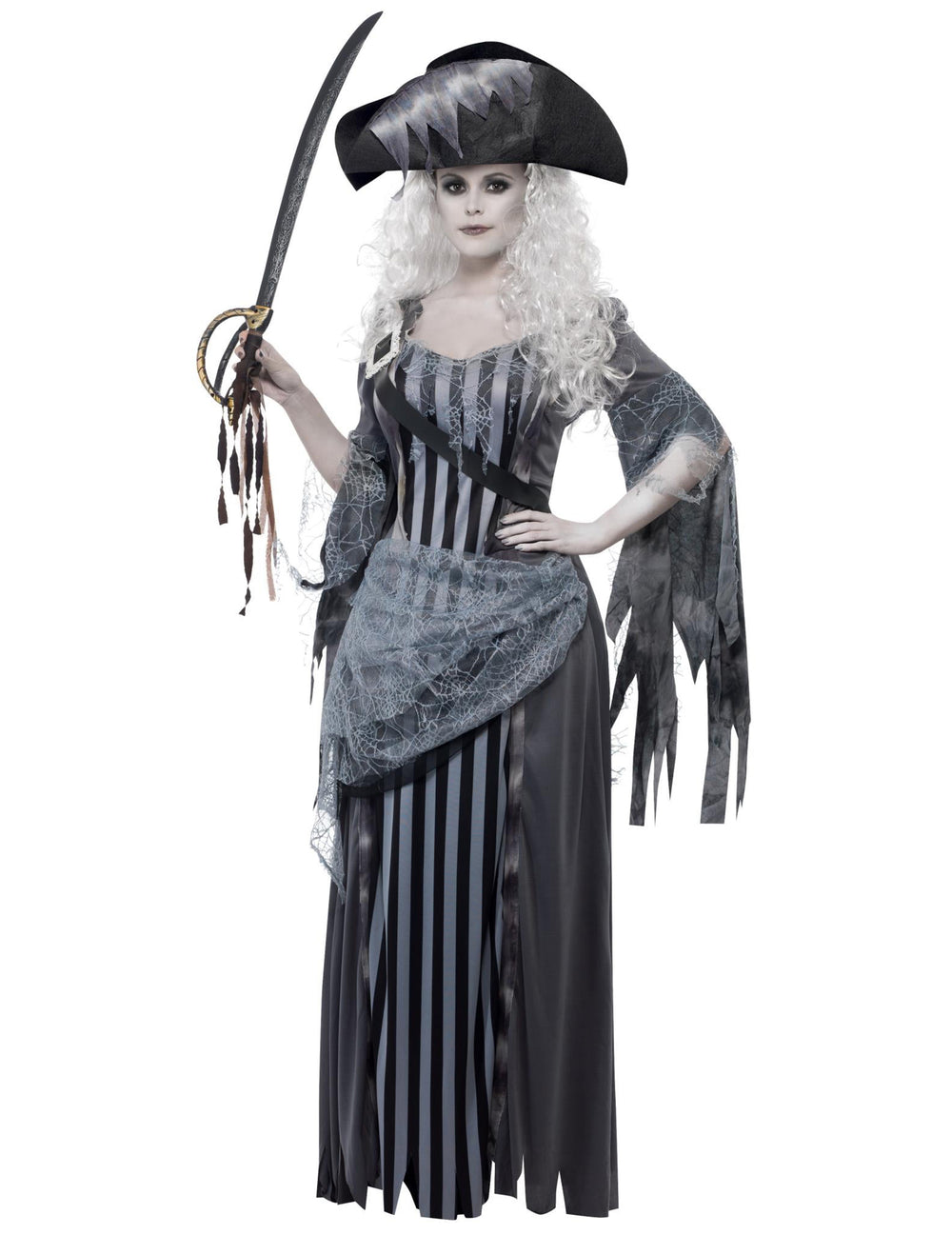 Vue de face avec sabre du déguisement fantôme pirate pour femme