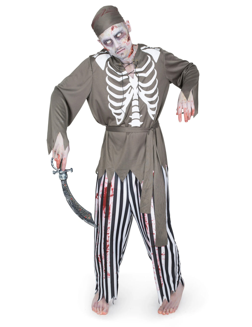 Déguisement fantôme pirate pour homme gris et blanc avec imprimé squelette